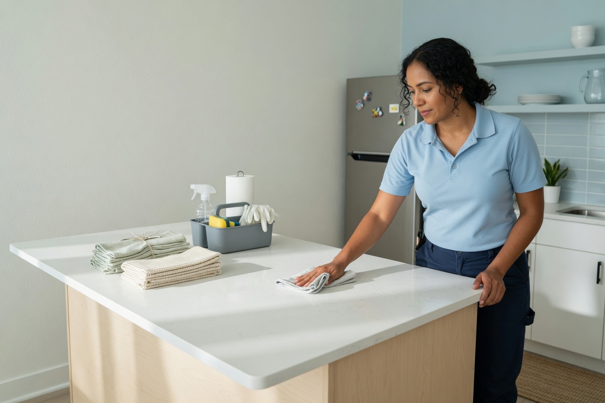 Professional cleaner carefully wiping a surface in a furnished rental