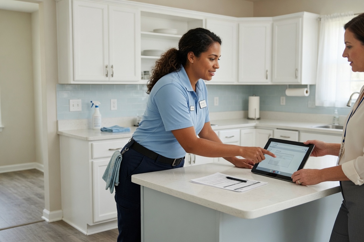 Cleaner and property manager reviewing rental details together in a bright kitchen