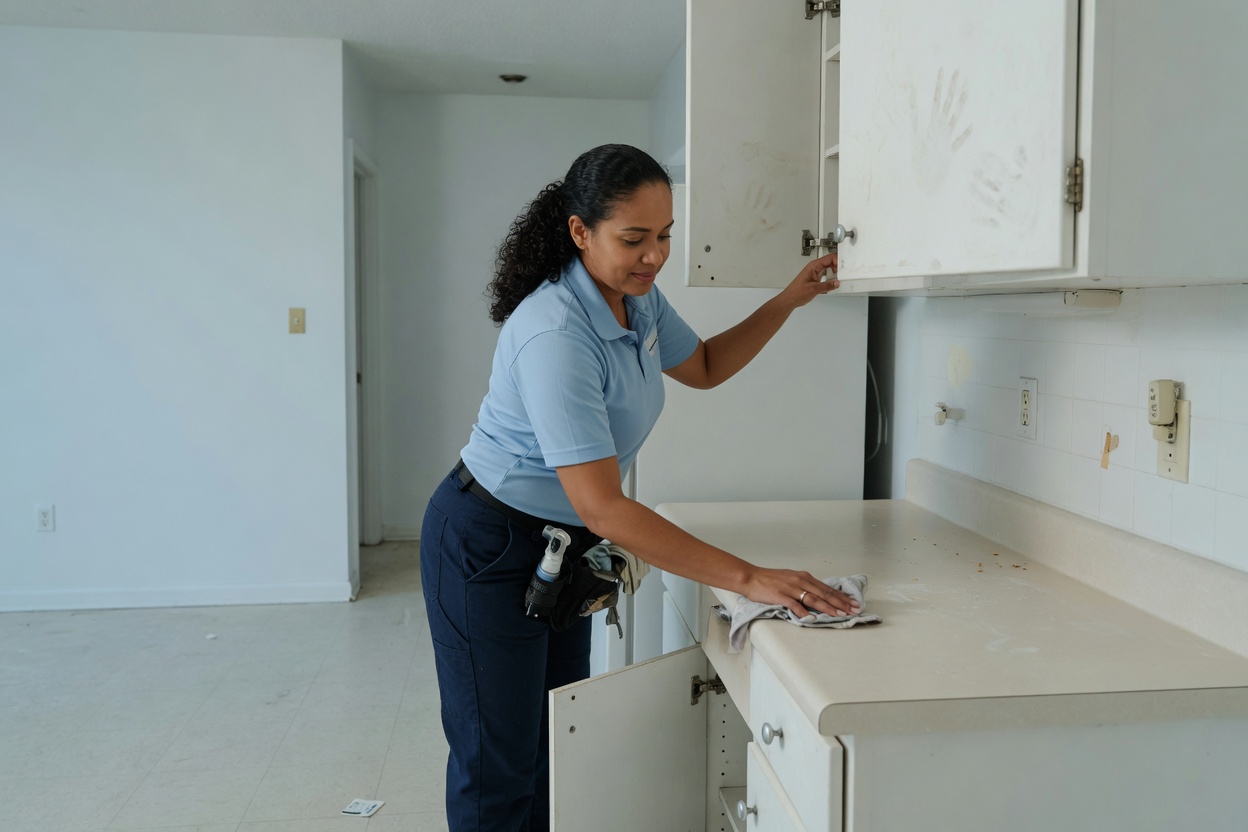 Professional cleaner wiping a wall in a vacant rental room
