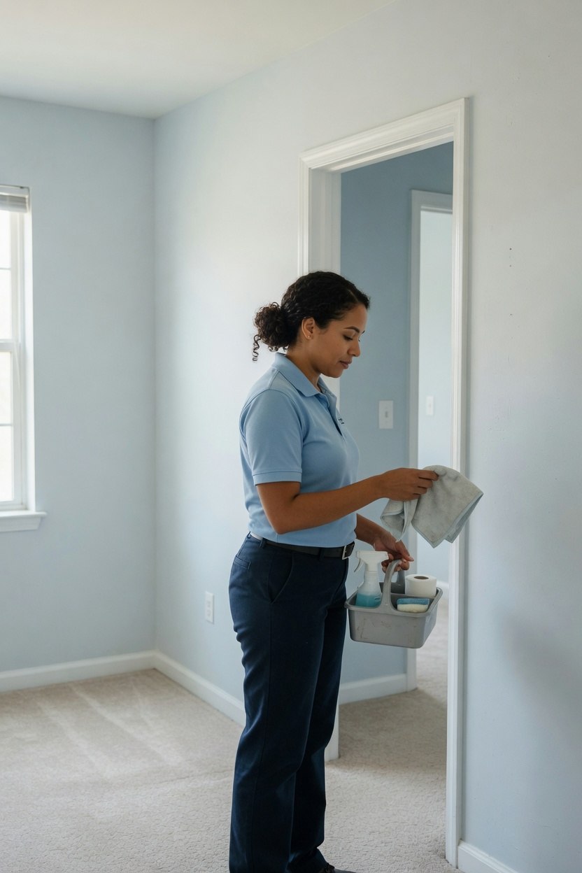 Professional cleaner completing a final visual check in a vacant apartment