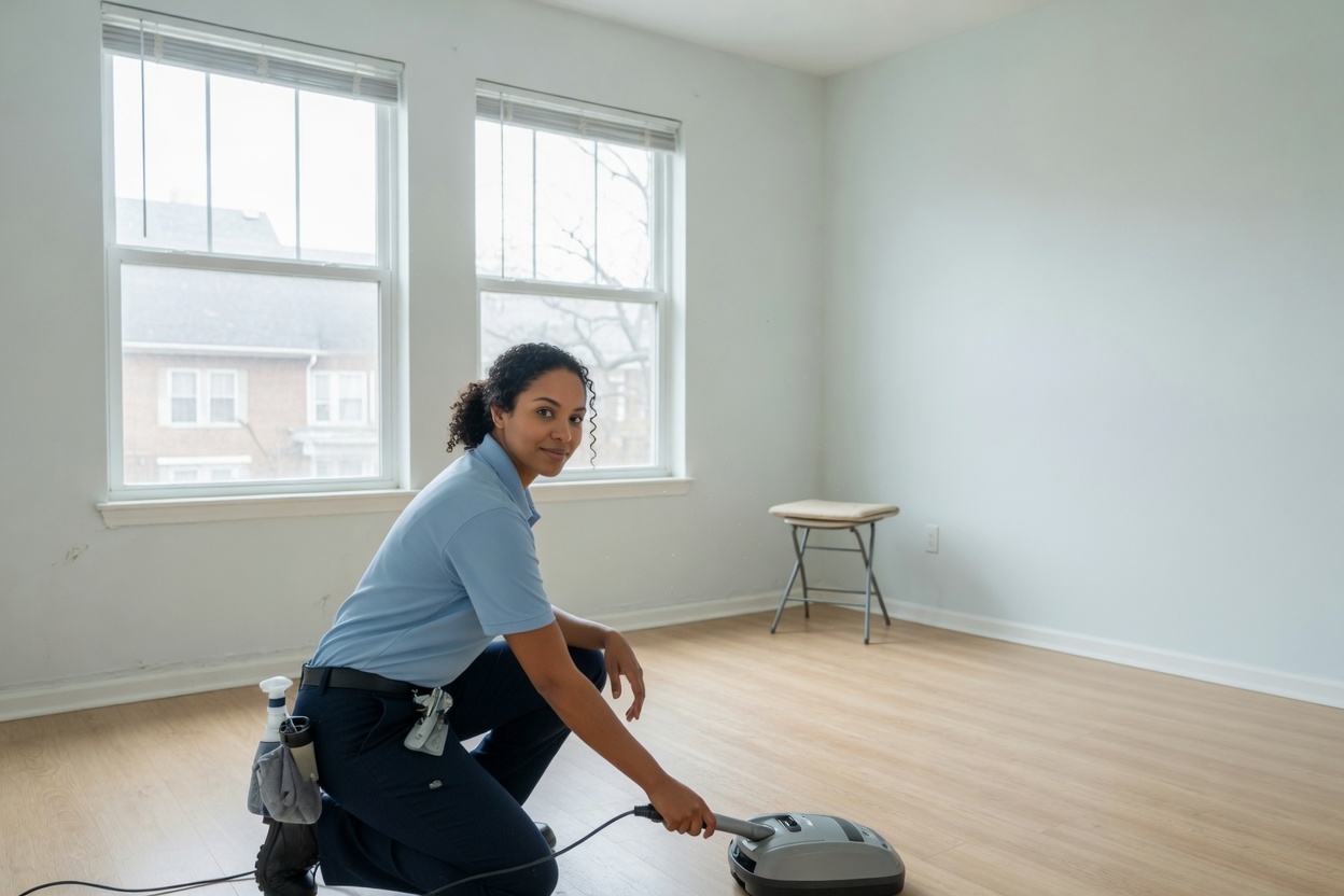 Professional cleaner vacuuming a bright vacant rental room