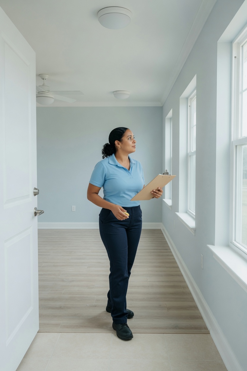 Professional cleaner completing a visual review in a bright newly completed empty home