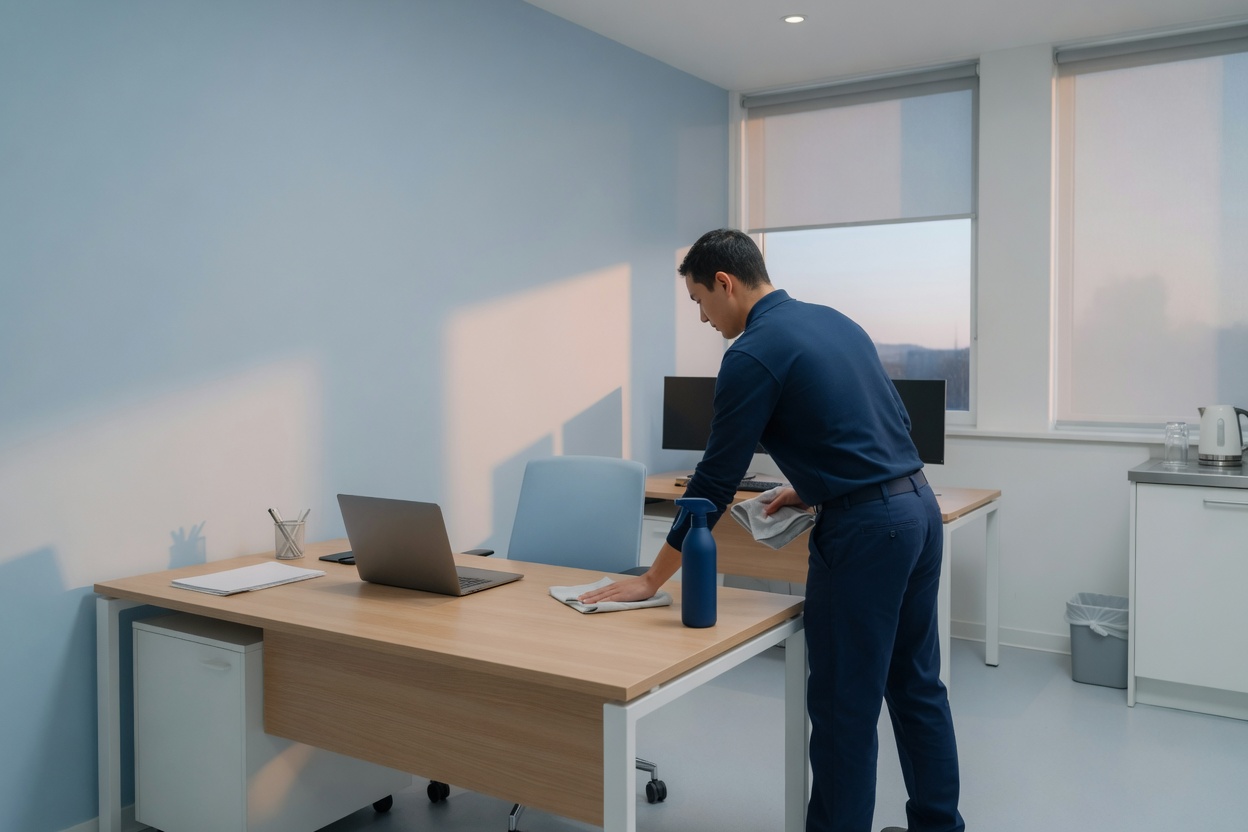 Professional cleaner carefully wiping a desk in a bright small office