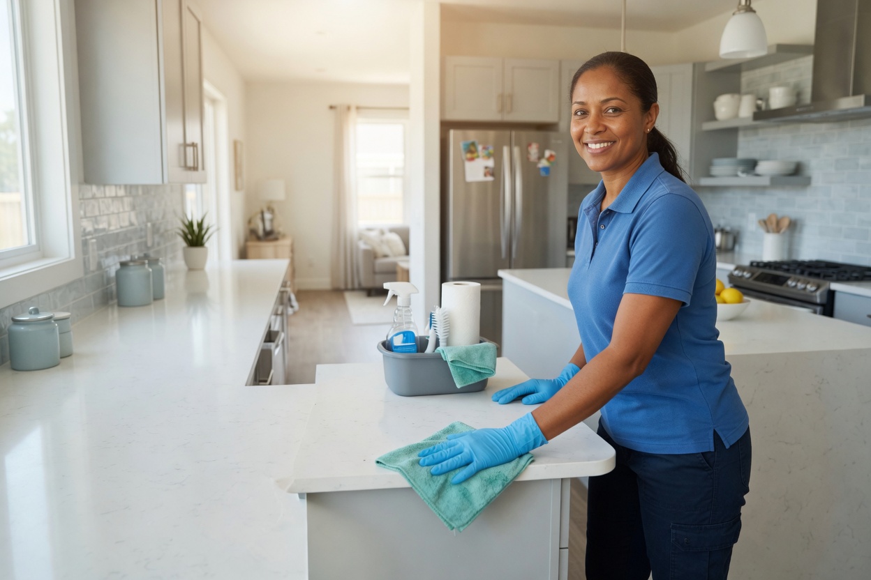 Professional cleaner wiping a bright kitchen island