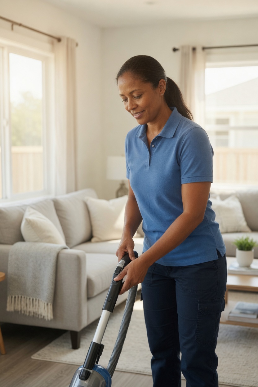Professional cleaner vacuuming a bright furnished rental living room