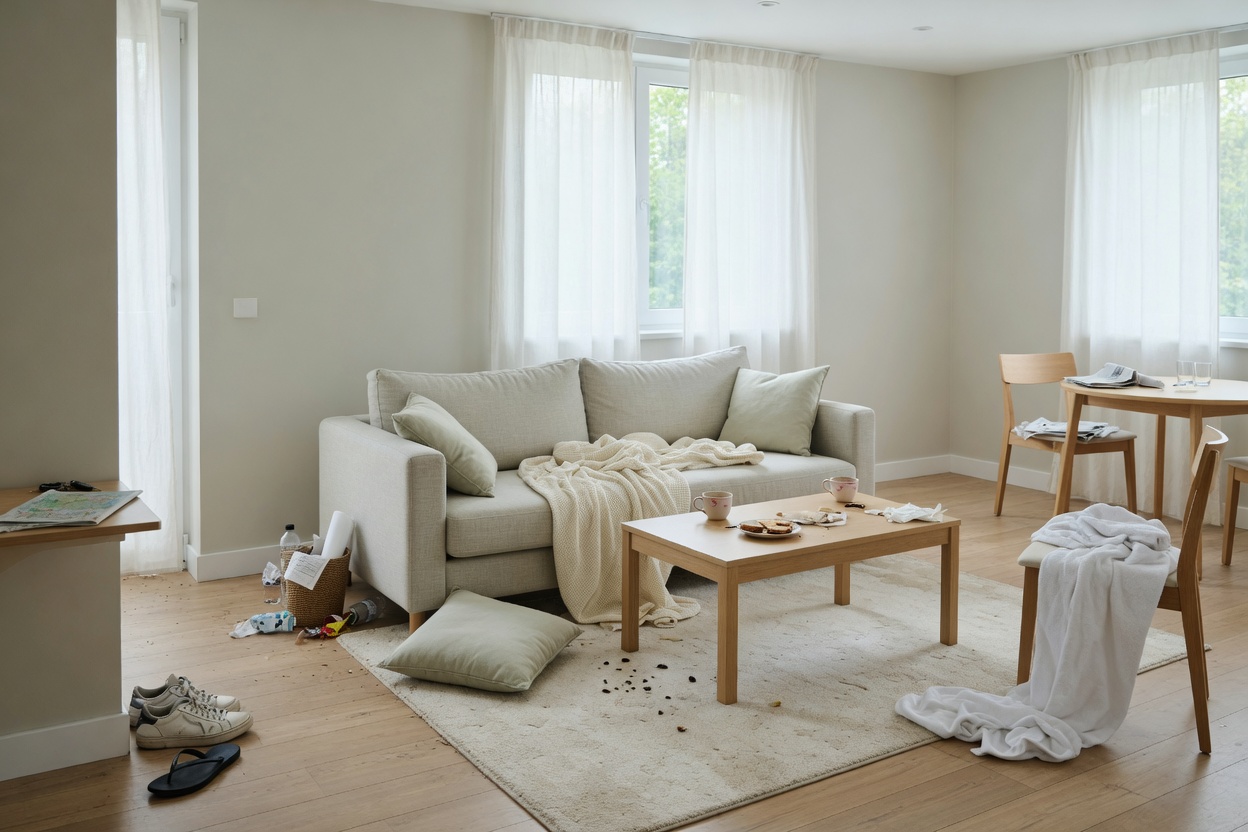 Illustrative furnished rental before routine turnover cleaning, with ordinary post-stay clutter and visible debris