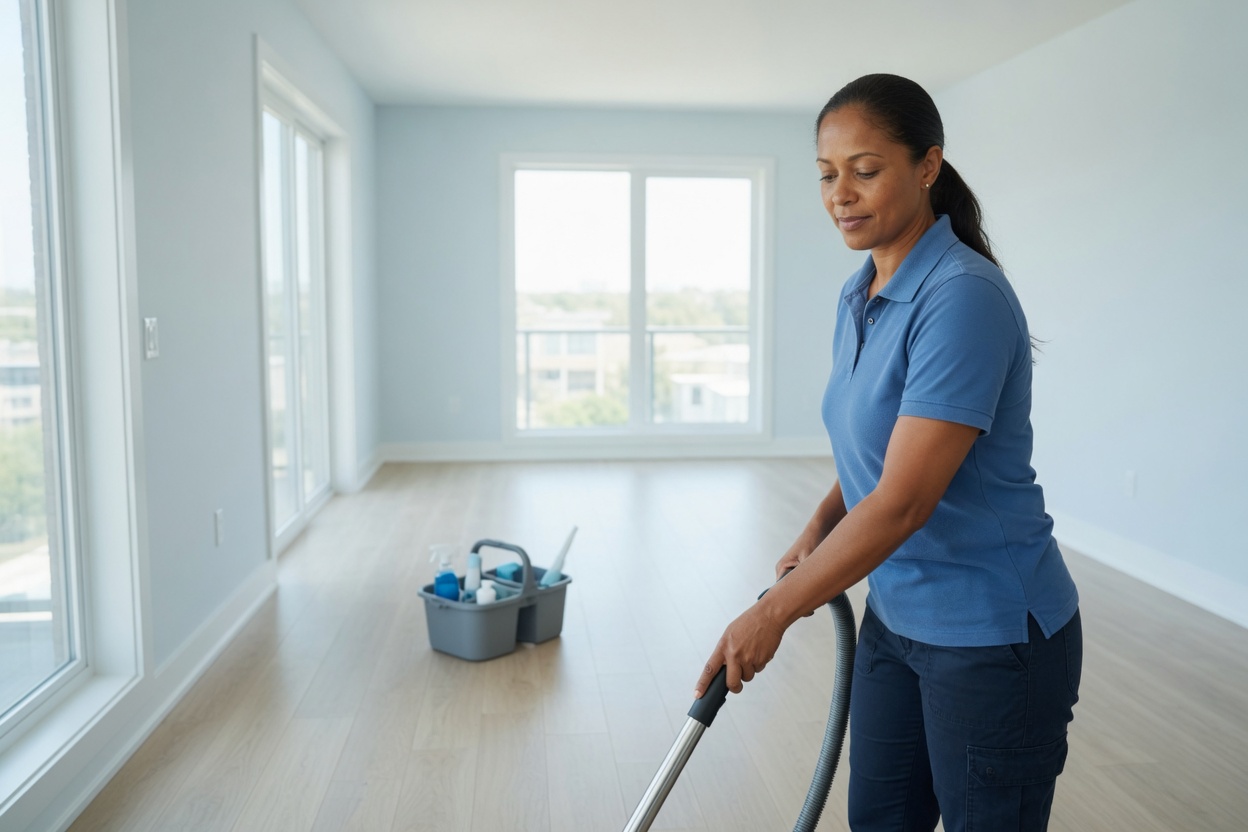 Professional cleaner vacuuming a bright empty apartment