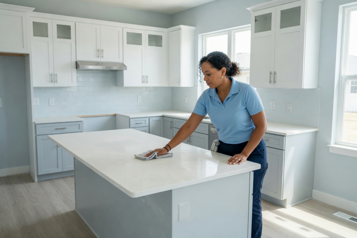 Professional cleaner addressing fine dust in a bright newly completed empty interior
